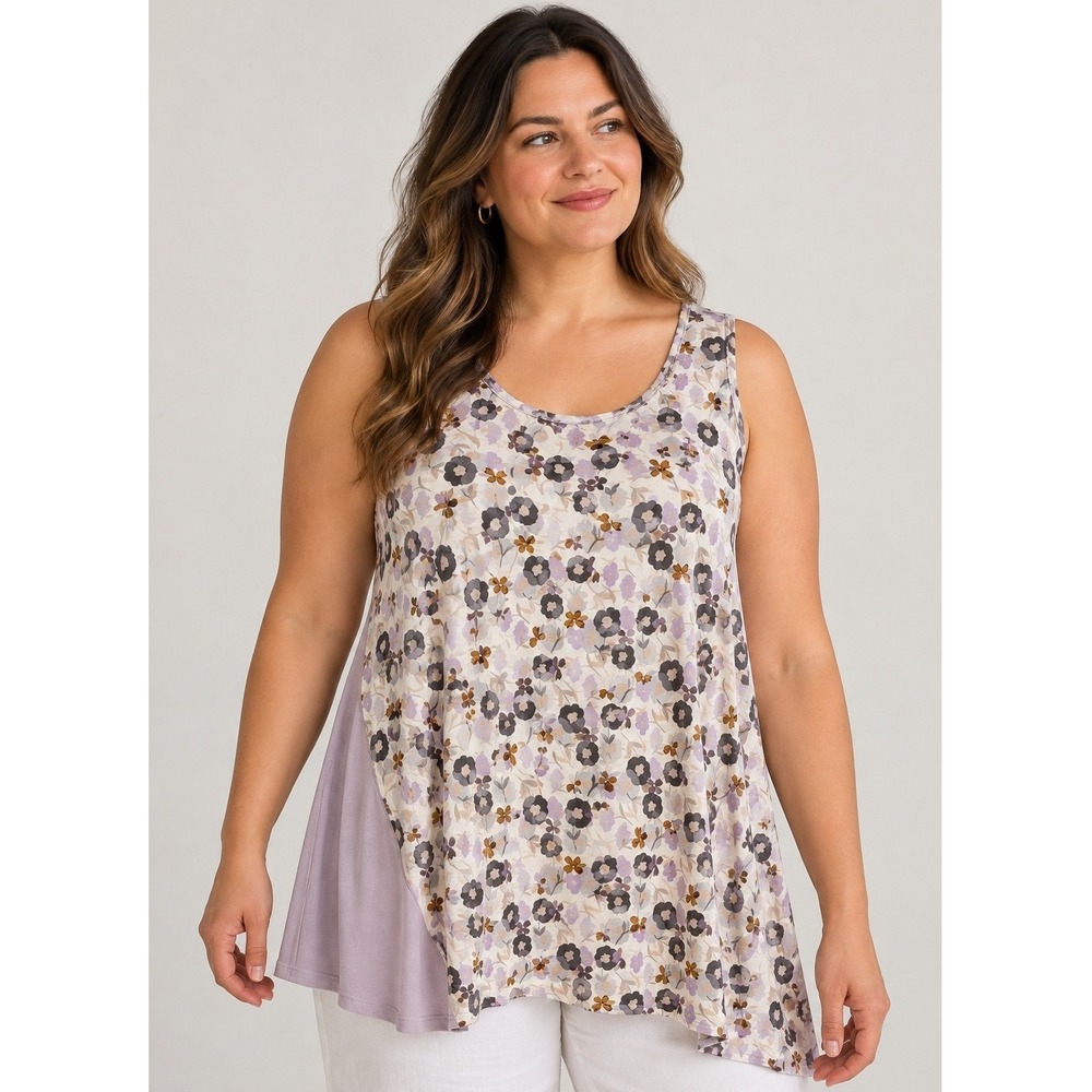 LOGO Layers Lori Goldstein 3X Floral Tank Top Purple Asymmetrical Hem Sleeveless
